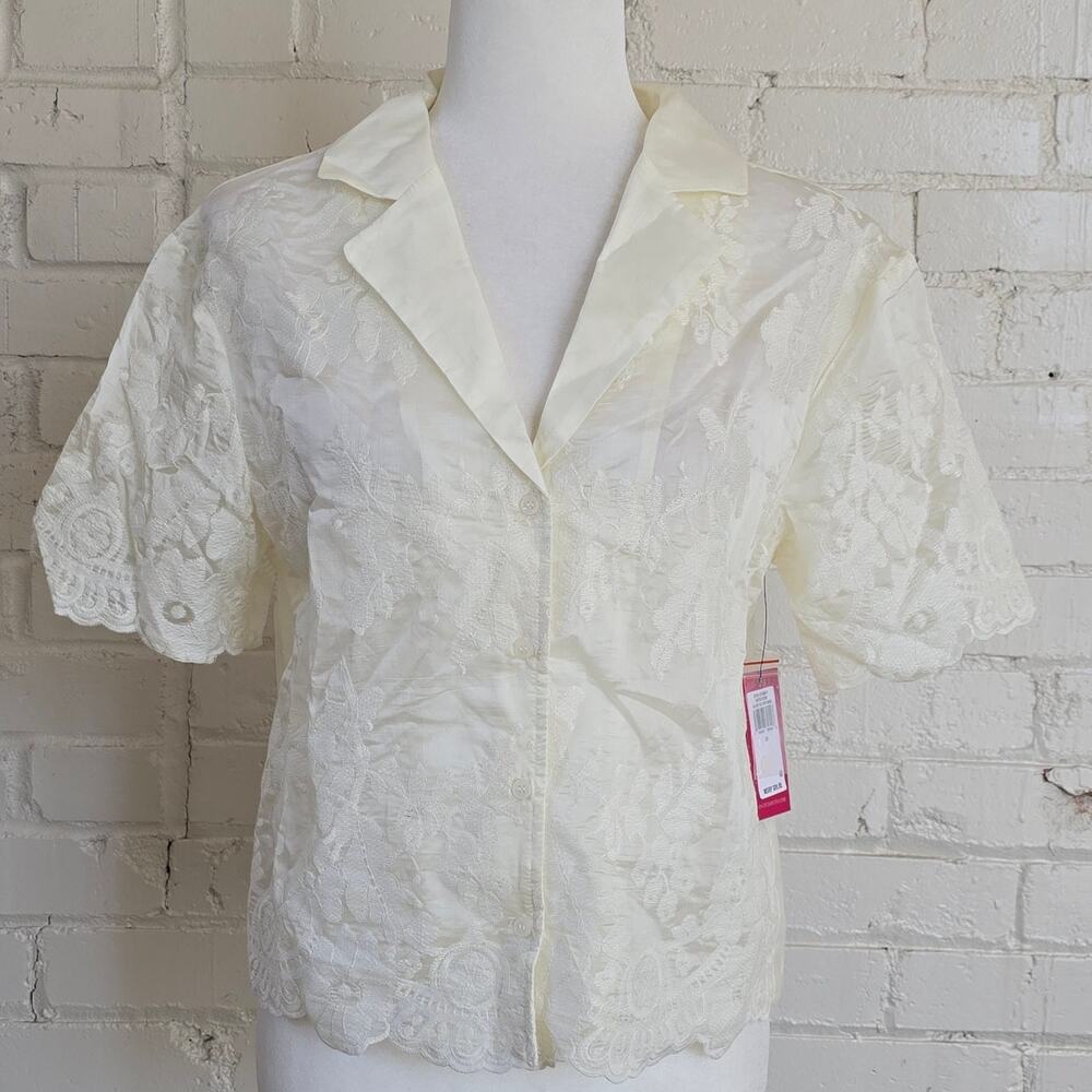 Vince Camuto Sheer Floral Embroidery Lace Blouse Coquette Coastal Cottagecore